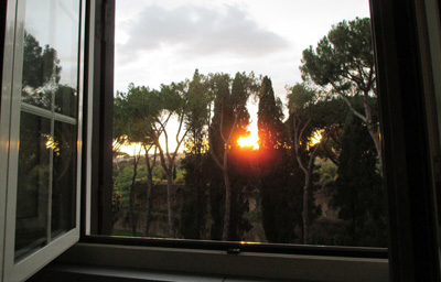 Photo shows the sun setting among the tall trees outside the window.
